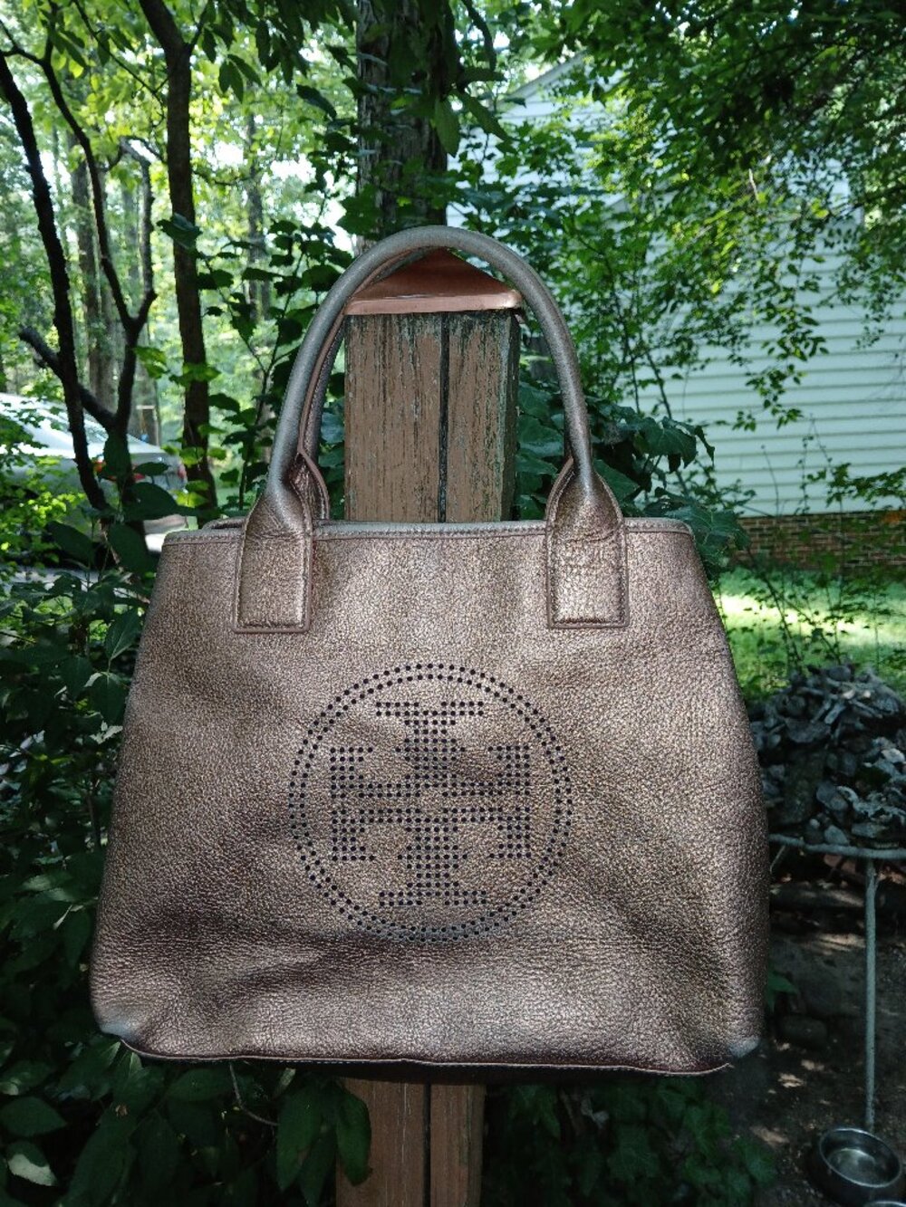 Tory Burch Pink Metallic Perforated Leather Tote Bag